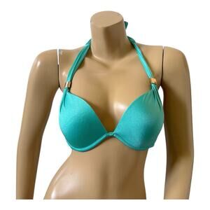 Victorias Secret The Hottie Halter Bikini Top 34C Teal Push Up Gold Hardware